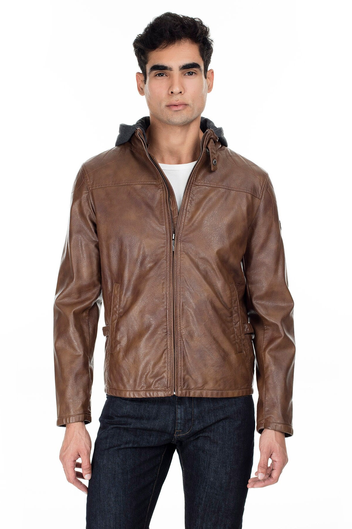 Faux Leather Hooded Jacket