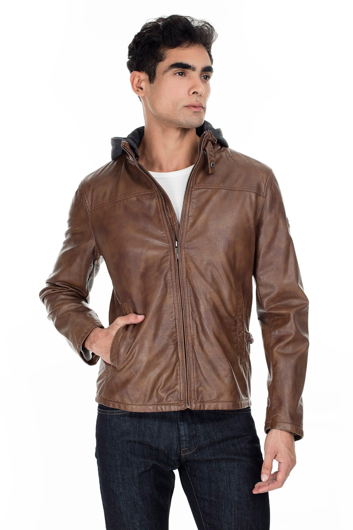 Faux Leather Hooded Jacket