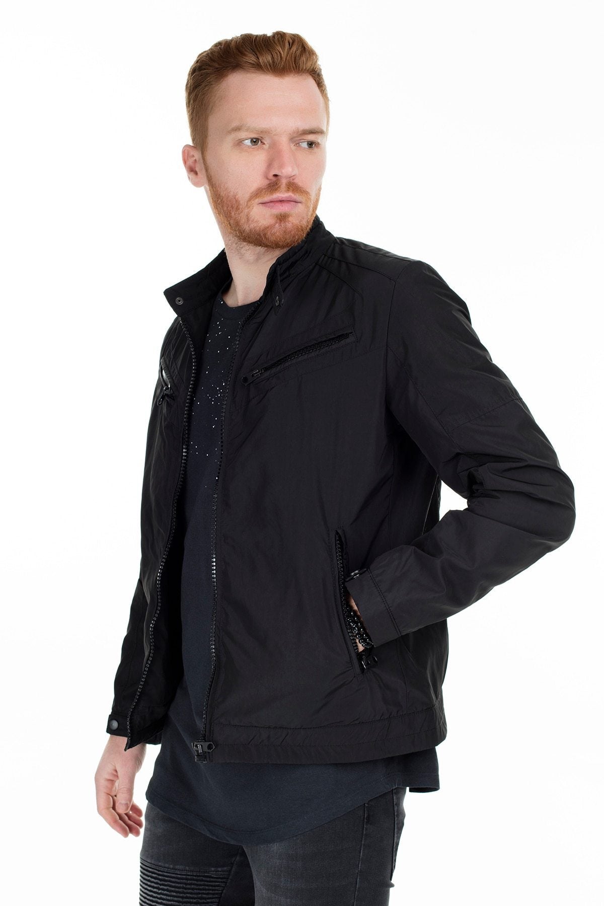 Upright Collar Zipper Coat